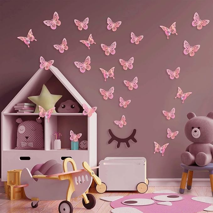 Laser Pink Butterfly Decorations, 48Pcs 2 Styles 3 Sizes Butterflies for Cake Cupcake Toppers, 3D Paper Sticker for Bouquets Birthday Baby Shower Kids Girl Room Wall Nursery Grad Graduation Caps Decor