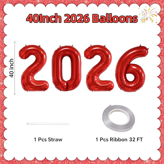 KALOR 42 Inch 2026 Red Foil Mylar Number Balloons, Giant 2026 New Years Decorations for 2026 Happy New Year Eve and Graduations Party Supplies