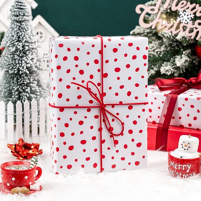 Burymento Red Lrregular Wave Point Wrapping Paper, Reversible Gold Gift Wrap for Birthday, Valentines, Mothers day, Graduation, Wedding, Fathers day, Baby Shower, Christmas (17in x 16.4ft)