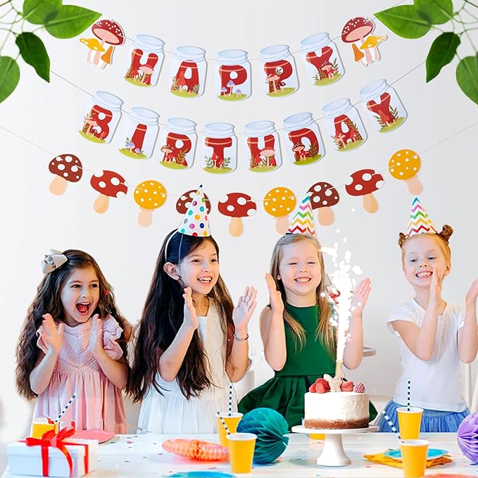 SUNBEAUTY Mushroom Birthday Banner - Mushroom & Fairy Party Decorations | Pre-Strung