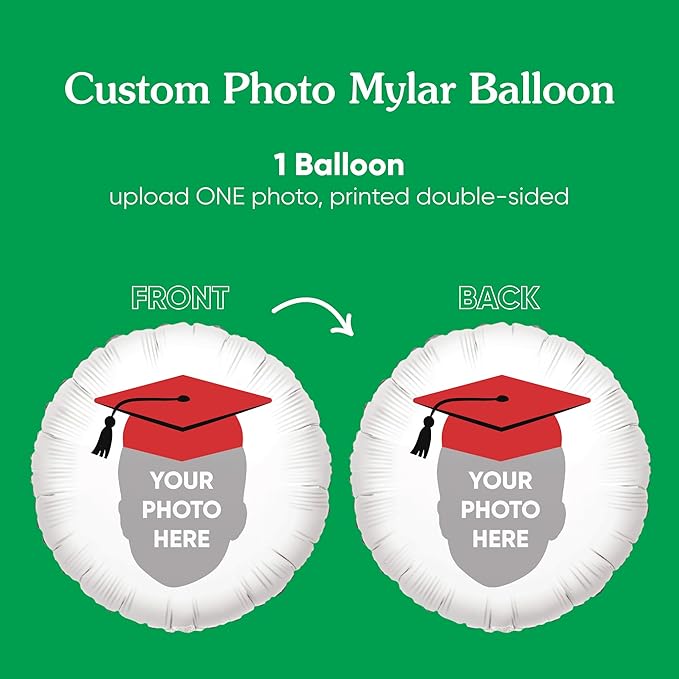 Big Dot of Happiness Personalized Red Grad Cap Fun Face Photo Balloon, Elementary High School College Custom Graduation Party Decorations, Double-Sided Round Circle Mylar, 1 Piece