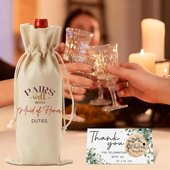 FBCCZEY Maid of Honor Bridesmaid Proposal Gifts Maid of Honor Bridesmaid Wine Bag Wedding Engagement Gift Wine Bottle Bag Pairs Well with Maid of Honor Wine Bags with Thank You Card And Stopper