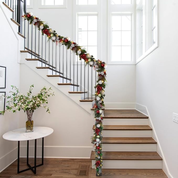 GarveeHome Prelit Christmas Garland for Mantle, 6 ft Battery Operated Xmas Garland with 20 LED Lights Timer Red Green Balls for Fireplace Stair Railing TV Stand Indoor Outdoor Holiday Decor
