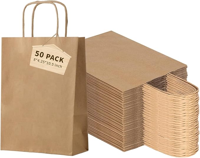 FACEBAG 50-Pack Brown Paper Bags with Handles Bulk, 8x4.25x10.5 Inches,Medium-sized Gift Bags with Handles for Party Favors，Take-Out，Grocery Shopping & Retail，Reusable & Durable