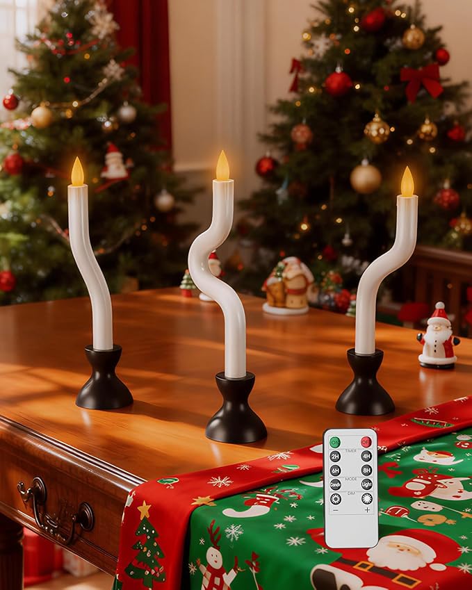 COOLWUFAN Window Candles with Remote Timer, 3 Pcs Flameless Taper Candles Battery Operated with Black Holder, Realistic LED Flickering Flame Dripless, Christmas Decorations Indoor for Home Party Fall