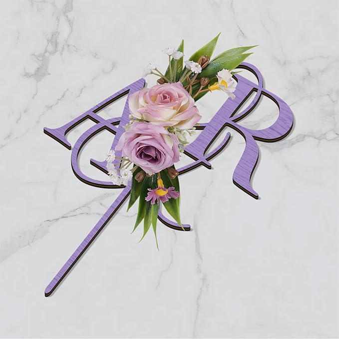 Wedding Cake Topper with 3D Artificial Flowers and Green Leaves Custom Initials Personalized Wooden Anniversary Cake Decoration (Lavender)