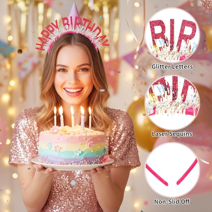 Birthday Headband Tiara, Happy Birthday Headband Tiara Accessories for Women, Rose Red Tiaras Crown Accessories Decorations Party Favors for Girl Princess