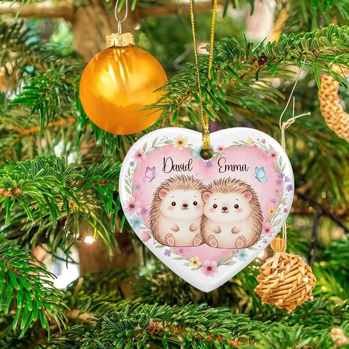 Just Married Engaged Ceramic Ornament Christmas, Personalized Hedgehog Couple with Flower Ornament Xmas, Hedgehogs Keepsake Gift for Newly Couple, Custom Names Hedgehog 1St Xmas Together Ornaments