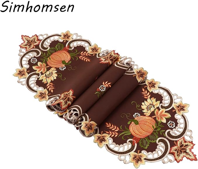 Simhomsen Brown Embroidered Thanksgiving Harvest Pumpkins Table Runners for Autumn Or Fall Decorations (14 × 69 Inches)