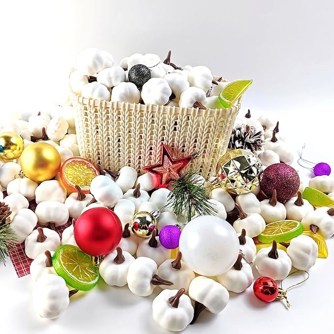 TIHOOD 20PCS Mini Artificial Pumpkins, Fall Harvest Simulation Pumpkins Decor Fake Fruit Home Decor for Halloween Thanksgiving Party Decorations (White)