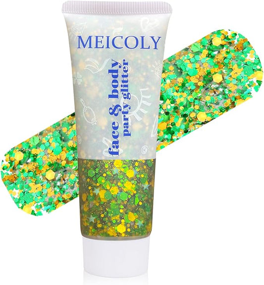 MEICOLY Gold and Green Face Glitter,Green Face Glitter,Gold Hair Accessories,Sparkle Halloween Body Glitter Makeup for Mardi Gras Carnival Festival Party,St Patricks Day Accessories