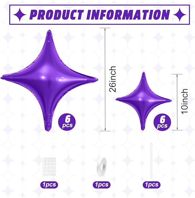 Purple Star Balloons,12Pcs Four Angle Star Foil Balloons,26Inch and 10Inch Purple Quadrangle Helium Balloon for Girl Theme Birthday Baby Shower Party Decorations
