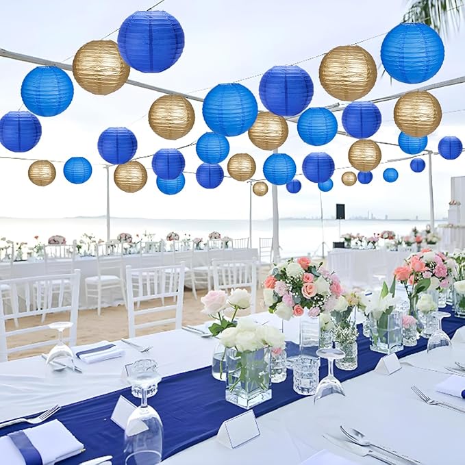Paper Lanterns Party Decorations, Round Hanging Paper Lanterns Decorations for Graduation Anniversary Under The Sea Birthday Party Supplies Blue Gold 15pcs