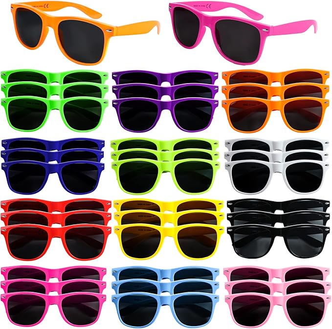 36 Pack 12 Color Neon Sunglasses Party Favors,80’s Retro Style Perfect Colorful Novelty Sun glasses Set for Birthday Party Supplies,Beach,Party Toys,Goody Bag Favors for Boys Girls Teens Adults