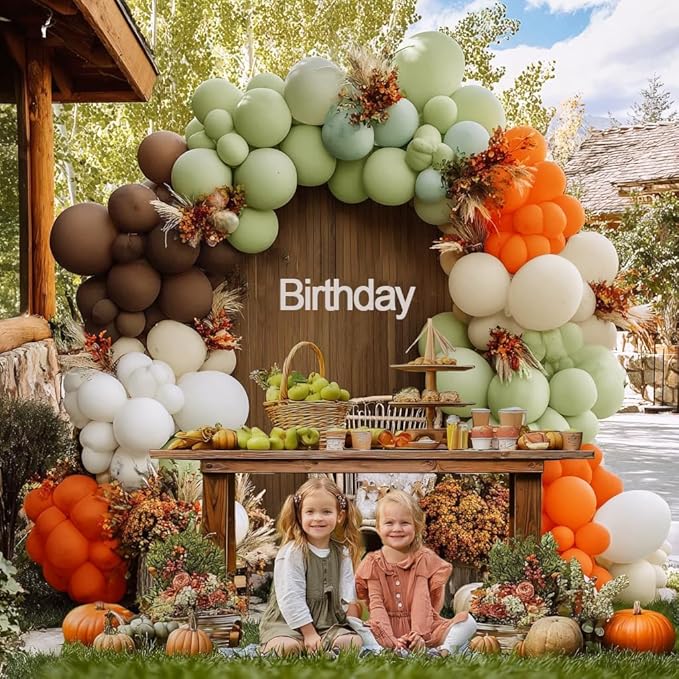 Fall Balloon Arch Garland Kit, Double Stuffed Sage Green Brown Orange White Balloon for Fall Autumn Dinosaur Thanksgiving Woodland Pumpkin Little Cutie Baby Shower Birthday Party Decor