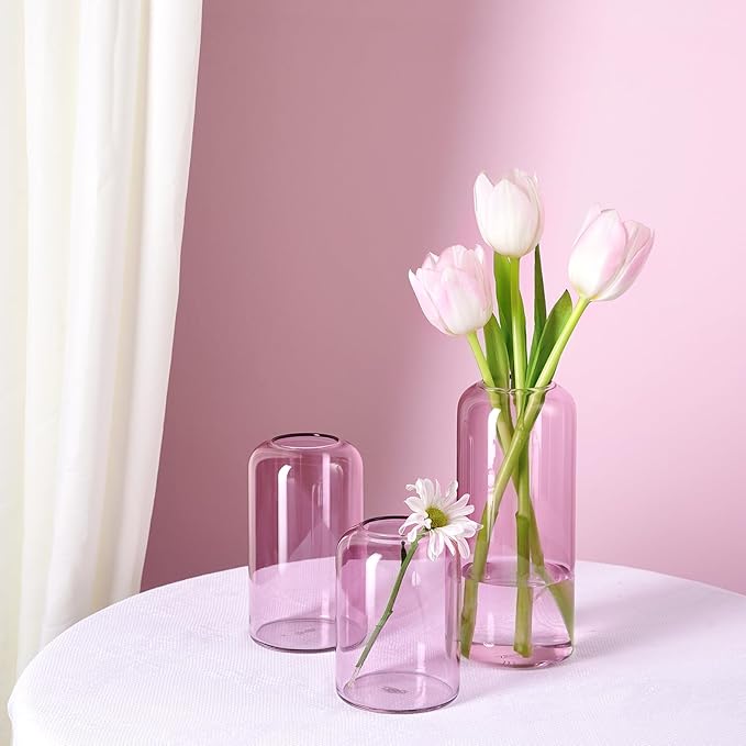 ZENS Bud Vases Set of 6, Pink Clear Small Glass Vase for Flowers. Modern Hand Blown Cylinder Glass Vase for Wedding Reception Centerpieces Living Room Decorative.