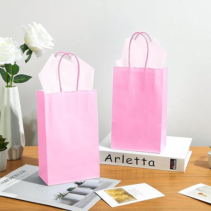 DjinnGlory 100 Pack Small Sized Pink Paper Gift Bags with Handles Bulk for Small Business, Boutiques, Baby Showers, Party Favors & Care Packages, 9x5.5x3.15 Inch