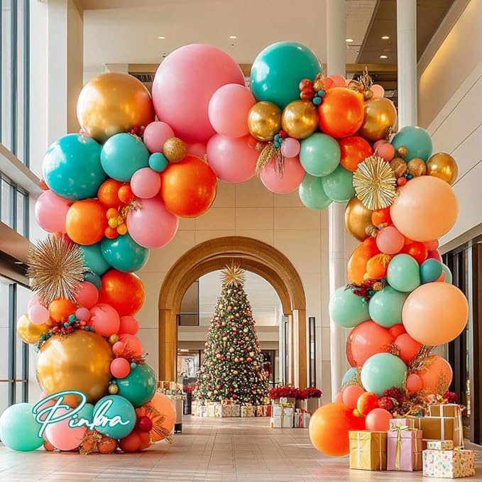 Pinbra Pastel Balloons Garland Kit Coral Pink Teal Blue Balloons Double Stuffed Light Green Orange Gold Metallic Latex Arch for Tropical Hawaii Luau Birthday Baby Shower Christmas Party Decorations