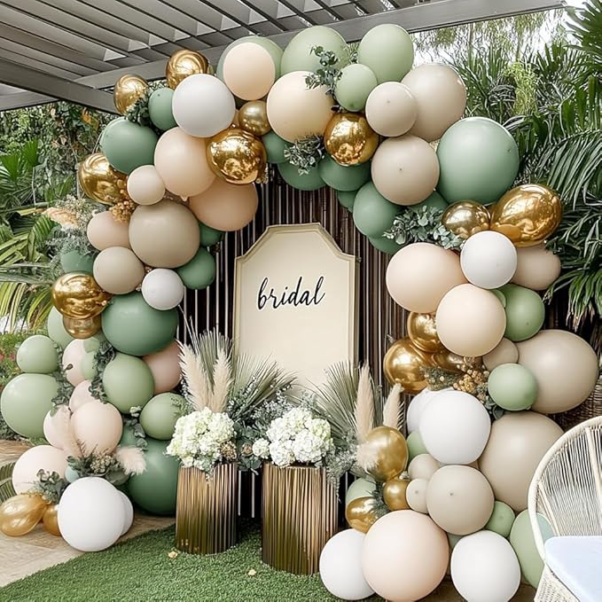 Dusty Green White Gold Balloon Garland Double Stuffed Light Sage Green White Sand Beige Balloon Arch Kit Olive Cream Metallic Balloons for Baby Bridal Shower Birthday Wedding Wild One Party Decor
