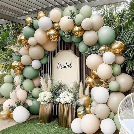 Dusty Green White Gold Balloon Garland Double Stuffed Light Sage Green White Sand Beige Balloon Arch Kit Olive Cream Metallic Balloons for Baby Bridal Shower Birthday Wedding Wild One Party Decor