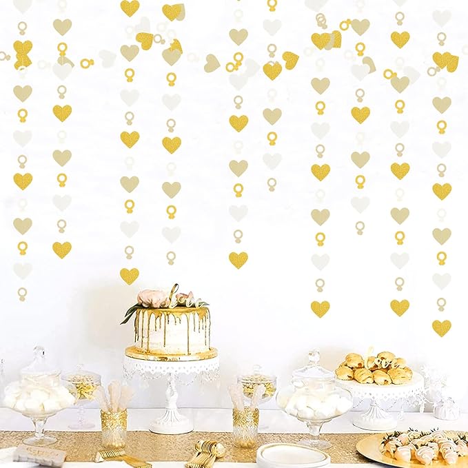Engagement Bachelorette Party-Decorations White-Gold Garland - 52Ft Heart Ring Wedding Paper Streamers Banner, Galentines. Proposal Decor Lasting Surprise