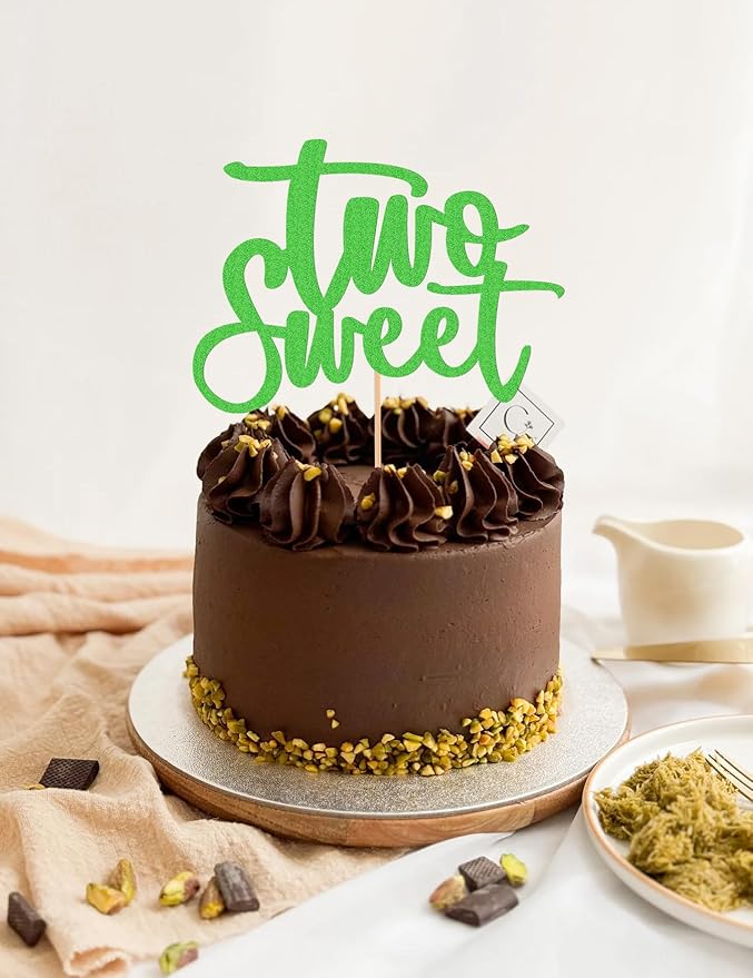Two Sweet Cake Topper - Glitter Green 2nd Birthday Cake Decorations, Second Anniversary Cake Pick (Green)