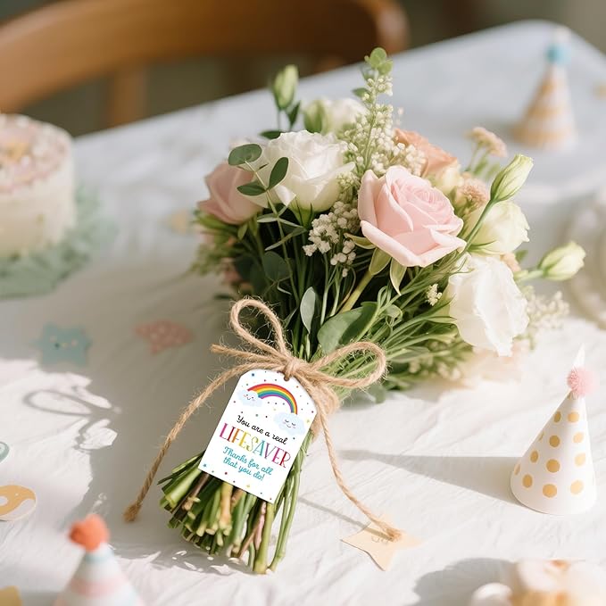 G2PLUS Thank You Tags - 50Pcs Thanks for All You Do Tags, Real Lifesaver Paper Gift Tag with String for Teacher, Volunteer, Nurse and Employee Appreciation, Thanksgiving Day Party Favors