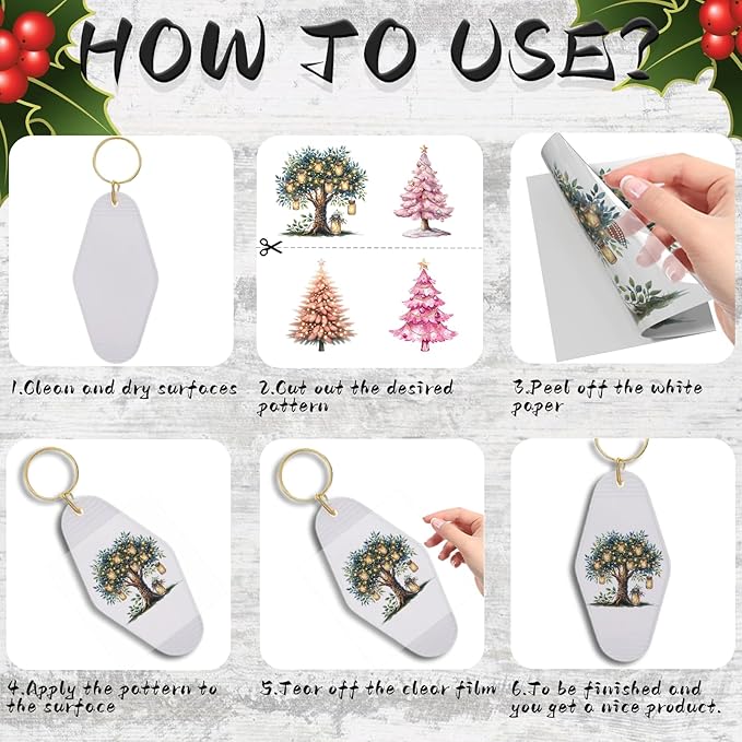 UV DTF Keychain Sticker,48 Sheets Colorful Christmas Tree Waterproof and Scratch Resistant Vinyl Sticker Suitable for School Themes, Hotel Keychain