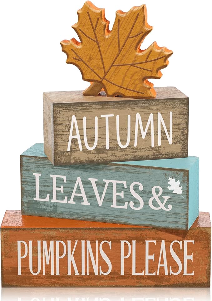 4 Pcs Thanksgiving Decorations for Home Fall Decor Wooden Maple Leaf Thanksgiving Table Centerpiece Fall Tiered Tray Rustic Wood Maple Leaf Block Sign Farmhouse for Home Kitchen Shelf