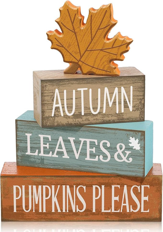 4 Pcs Thanksgiving Decorations for Home Fall Decor Wooden Maple Leaf Thanksgiving Table Centerpiece Fall Tiered Tray Rustic Wood Maple Leaf Block Sign Farmhouse for Home Kitchen Shelf