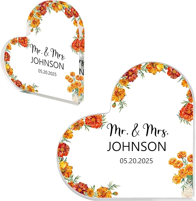 Custom Wedding Heart Acrylic Plaque,Mr & Mrs Cake Topper,Personalized Wedding Keepsake/Gift/Sign (Style 17)