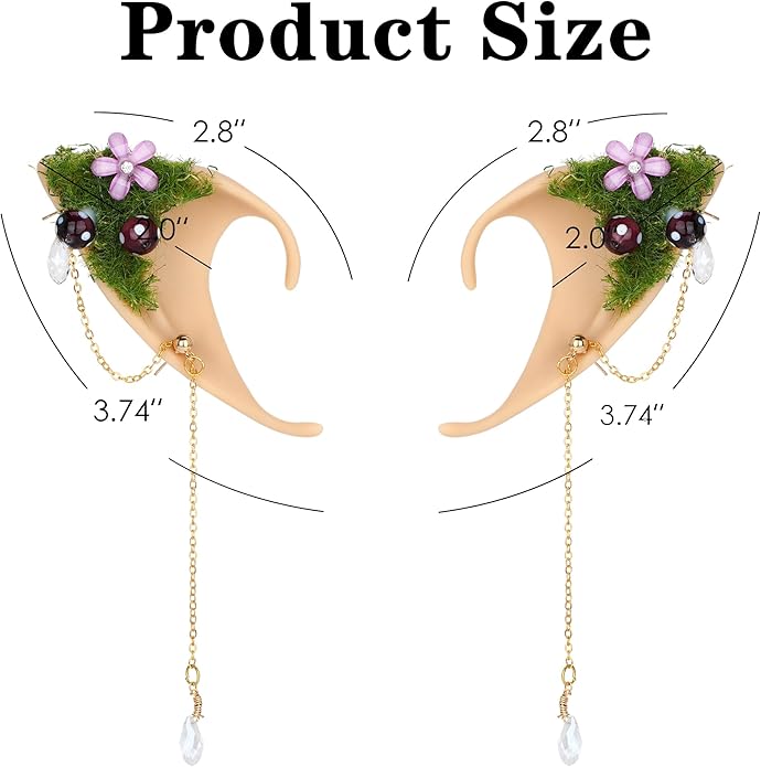 FRESHME Forest Mushroom Elf Ears, Soft Fairy Ears with Mushroom Moss and Flower Elven Ear Cuffs Halloween Renaissance Cosplay