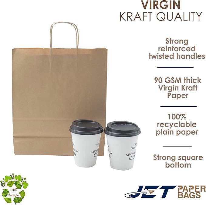 JET PAPER BAGS - 10”x5”x10” Inch [50 Pcs] Medium Brown Paper Bags with Handles Prime for Takeout, Grocery, Goody, Retail, Party, Gifts, Weddings - Recyclable Kraft Paper Gift Bags with Handles