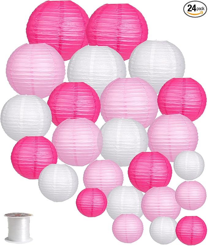 24pcs Hanging Round Paper Lanterns for Wedding Birthday Party Baby Showers Decoration Pink/White