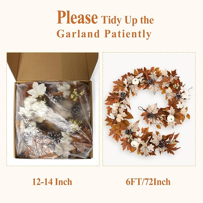 6 FT Fall Garland with Lights Automatic ON/Off Fall Leaves Mantle Garland with Pumpkins Berries Pinecones Outdoor Thanksgiving Christmas Autumn Centerpiece Decorations for Home Door Fireplace Porch