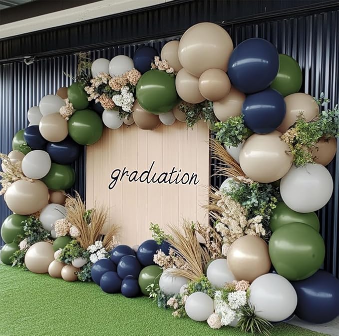 Navy Blue Green Balloon Garland Double Stuffed Sage Green Nude White Balloon Blue Tan Avocado Latex Arch Kit for Birthday Dinosaur Jungle Safari Wild Baby Shower Graduation Decorations
