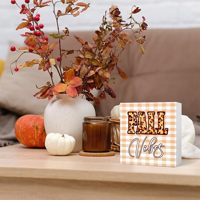 Funny Autumn Pumpkin Wood Box Sign Fall Vibes Wooden Block Desk Decor for Home Office Kitchen Cubicle Table Shelf Tabletop,Farmhouse Fall Sign Decor