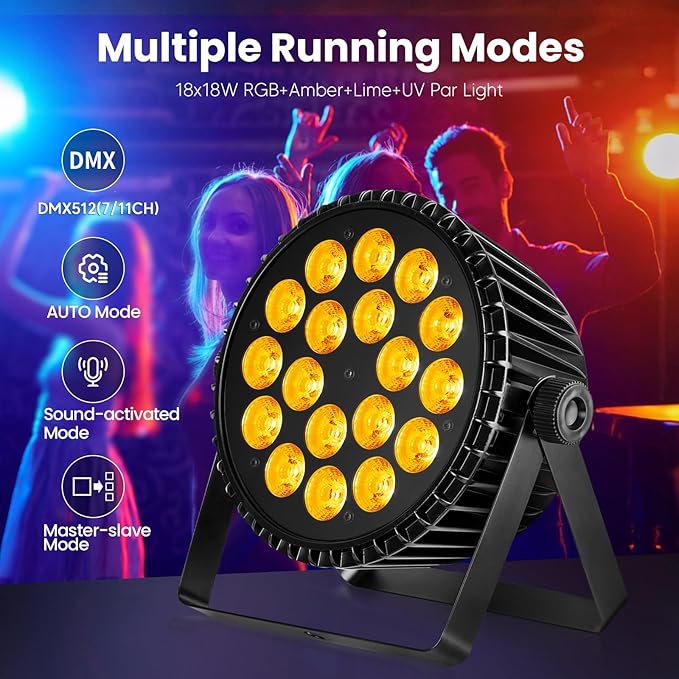 Big Dipper LED Stage Lights Par Lights 18×18W RGB+Amber+Lime+UV 6in1 Bright Lighting with Strobe/Wash Effect DMX512 Sound-Activated for Event Concert Club Church 4 Pack