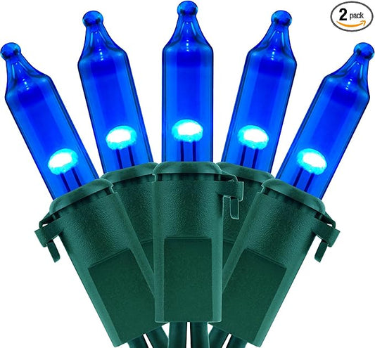 YULETIME 200 Blue Christmas Lights, Pack of 2 Sets 33 Feet 100 Count UL Certified Incandescent-Like LED Mini String Lights (Blue - Green Wire)