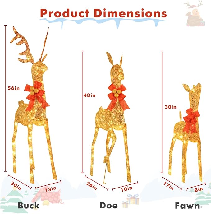 3-Piece Reindeer Outdoor Christmas Decoration, 5FT Large Lighted Christmas Deer Family Set, Outside Xmas Yard Lawn Decorations with 260 Bright LED Lights, Stakes, Zip Ties - Gold