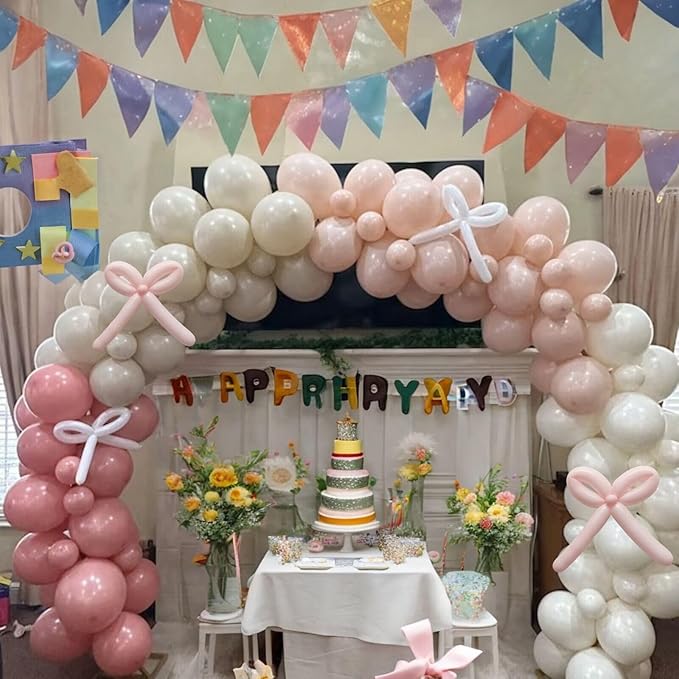 Pink and White Balloons Arch, Dusty Pink Bow Balloons Garland, Blush Beige Cream Latex Balloon, White Long Balloon as Bow Decor for Neutral Boho Birthday Party Baby Shower Bridal Wedding