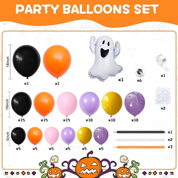 Halloween Balloon Arch Kit,120PCS Halloween Pastel Pink Black Orange Purple Balloons, Ghost Foil Ballons for Halloweenday Party Decorations BOO Party Supply Birthday,Baby Shower