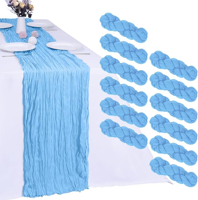 12 Pack Baby Blue Cheesecloth Table Runner 10FT Boho Gauze Fabric Table Runner 35 x 120 Inch Rustic Sheer Runner for Centerpiece Wedding Decor Party Boho Table Decoration（Baby Blue）