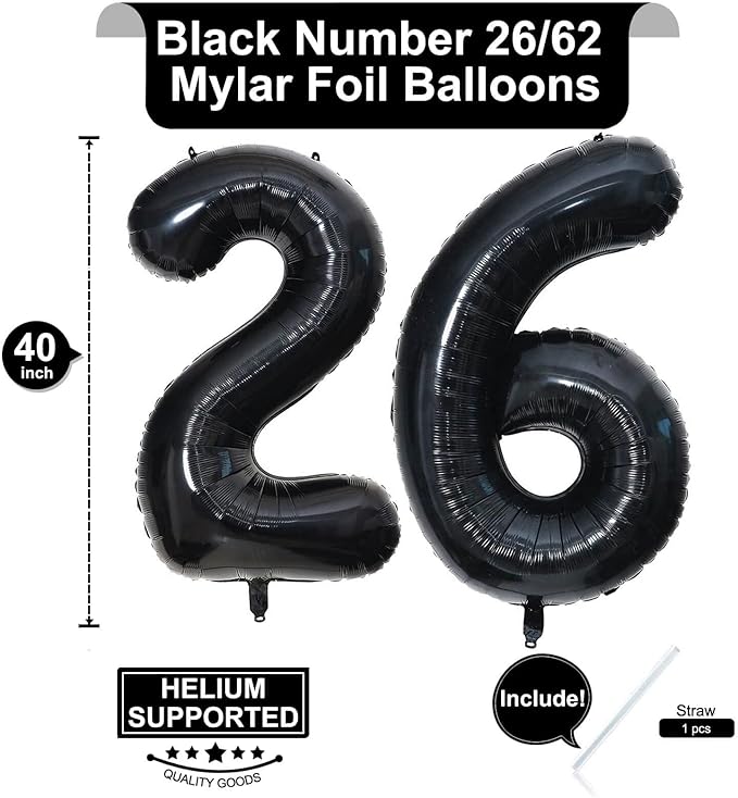 40 Inch Black 26 Number Balloons Giant 26 or 62 Balloons Black Birthday Balloons 26th or 62th Birthday Anniversary Events Party Decorations Supplies