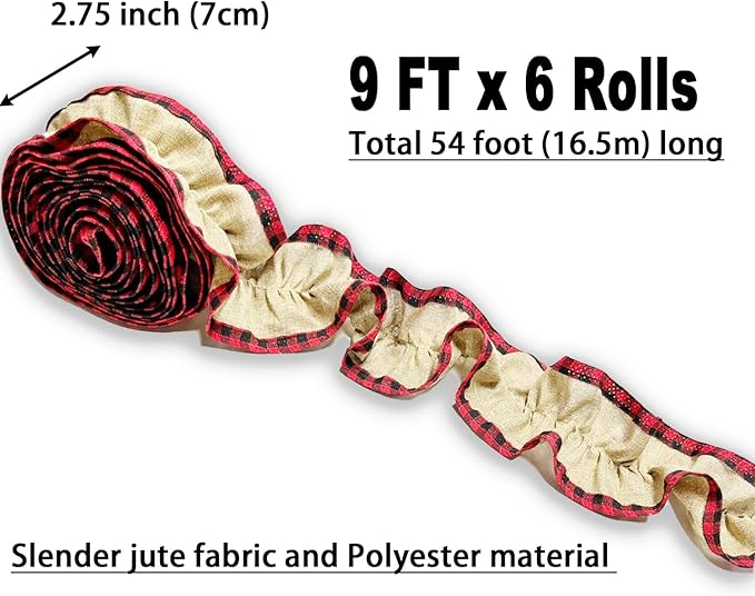 Jishi Christmas Tree Ribbon Garland Burlap Buffalo Plaid Christmas Decorations, 9 Ft X 6 Rolls Red and Black Buffalo Check Burlap Ribbon Xmas Tree Garland, Vintage Country Rustic Farmhouse Home Decor