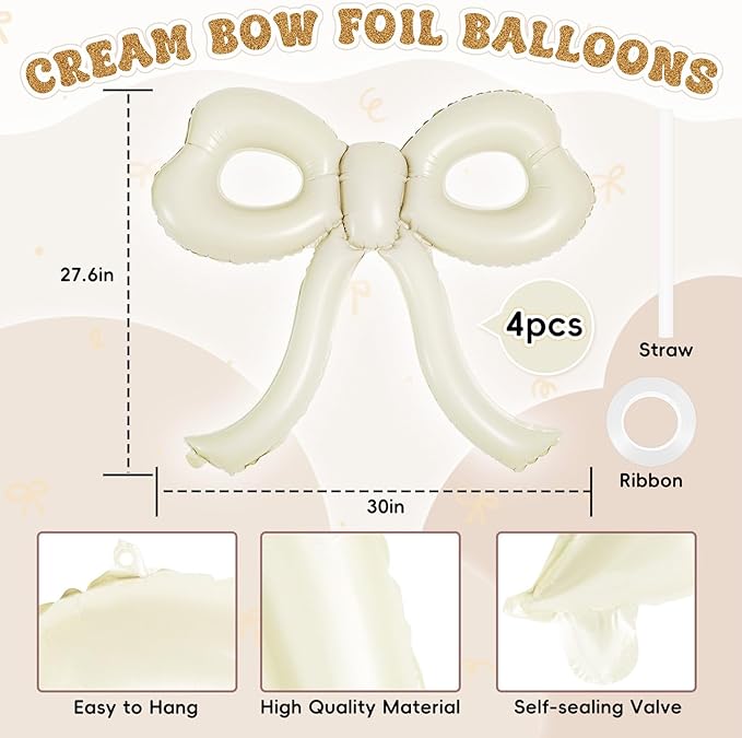 4 Pcs Bow Birthday Decorations Cream Bow Balloons for Girl Women Bow Themed Party Decorations Giant Foil Beige Balloons for Birthday Baby Shower Gender Reveal Wedding Decor Party Supplies