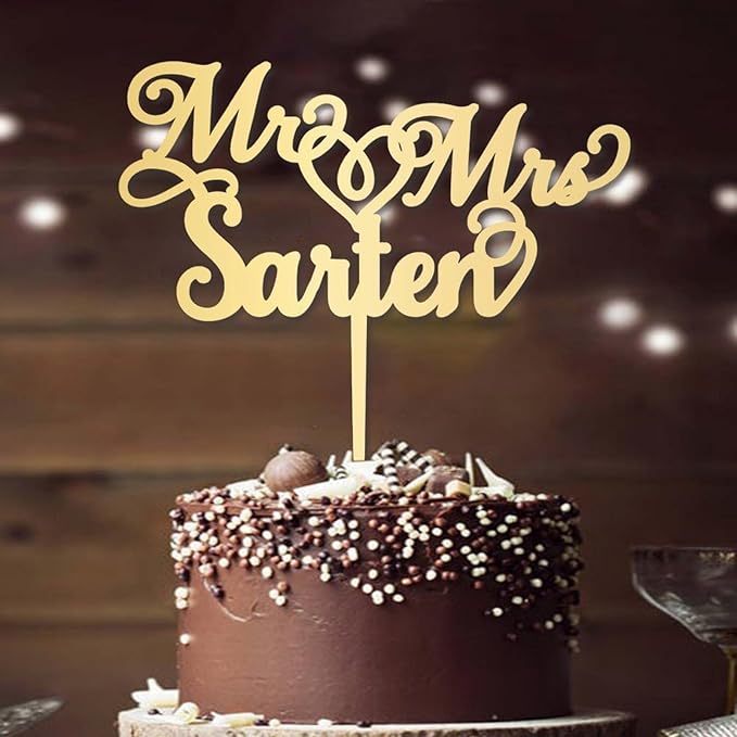 Wedding Cake Topper Personalised Mr and Mrs Calligraphy Custom Cake Topper Surname Gold Acrylic Customized Monogram Cake Toppers Silver, Black, White, Red, Blue, Rustic Party Cake Supplies, Made USA