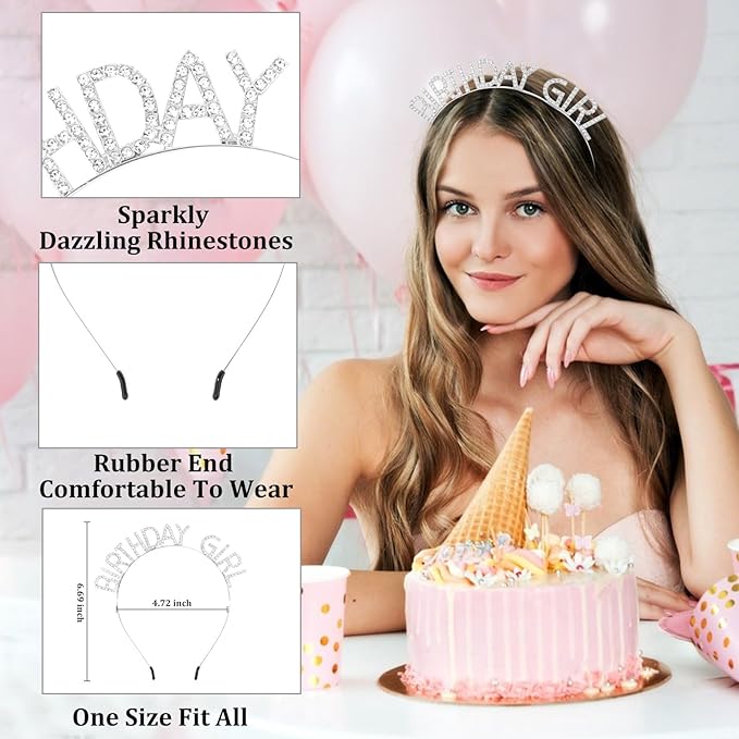 CAVETEE Birthday Girl Crown and Sash， Princess Tiara Happy Birthday Headband Party Accessories for Women and Girls