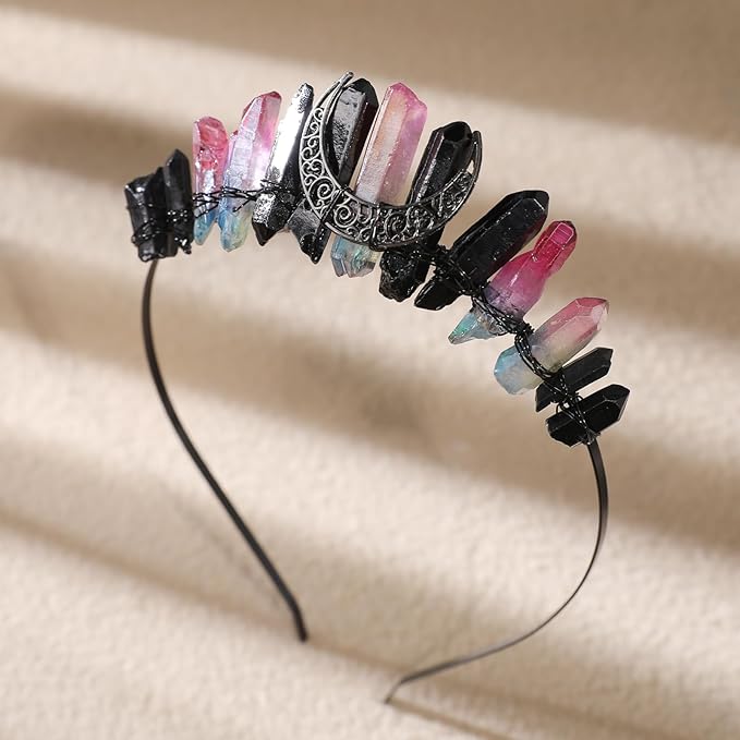 Fairy Crystal Moon Headband for Women - Black and Pink Raw Quartz Witch Tiara Crowns, Fairy Elf Circlet Gothic Queen Headpiece for Wedding Renaissance Cosplay Halloween Headwear