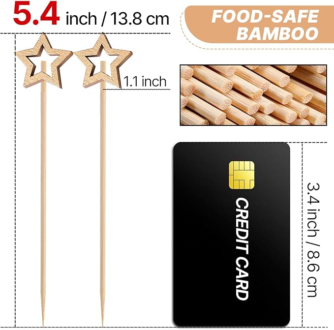 PuTwo Gold Star Cocktail Picks 4.7 Inch 100pcs Bamboo Fancy Skewers Toothpicks for Appetizers Food Drink Fruit Sandwich BBQ Wedding Cocktail Party Charcuterie Boards Accessories Party Supplies